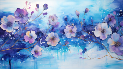 Abstract watercolor blue-violet background with flowers.