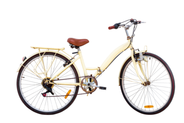 Side view dicut of Old vintage yellow bicycle isolated on transparent background with clipping path include, Classic City Bike, Retro styled image century bicycle, PNG File format