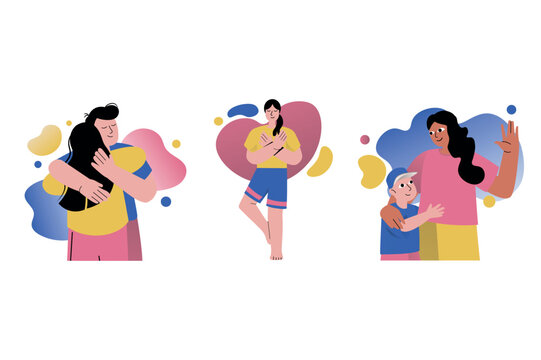 Set concept Mental health with people scene in the flat cartoon design. Young people share love with loved ones through hugs, it improves everyone's mood. Vector illustration.