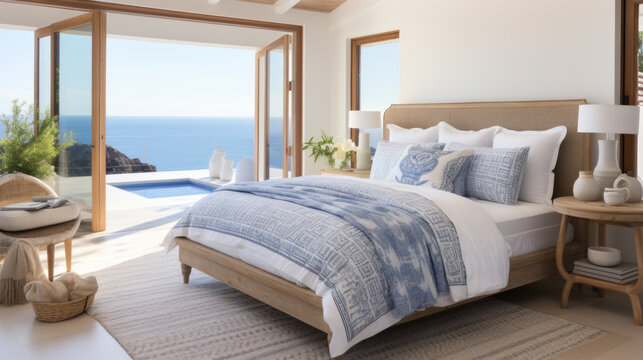 Mediterranean hotel room interior in blue tones.
