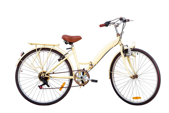 Side view dicut of Old vintage yellow bicycle isolated on transparent background with clipping path include, Classic City Bike, Retro styled image century bicycle, PNG File format