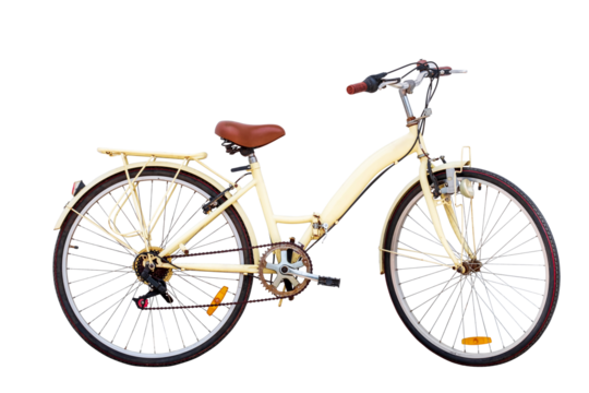 Side view dicut of Old vintage yellow bicycle isolated on transparent background with clipping path include, Classic City Bike, Retro styled image century bicycle, PNG File format