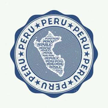 Peru seal. Country round logo with shape of Peru and country name in multiple languages wordcloud. Artistic emblem. Beautiful vector illustration.