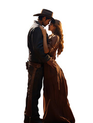 Western couple in love. Cowboy and cowgirl. Transparent background. Full view. Silhouette. Vintage old west couple embracing. Long auburn wavy hair.  - obrazy, fototapety, plakaty