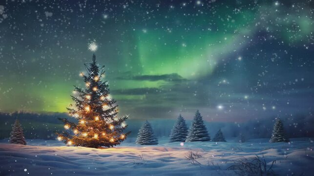 Christmas winter background with decorated pine tree and christmas gifts in the snowy landscape, looping video animation