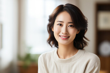 Beautiful Korean woman smiling while sitting in the living room.