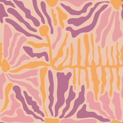 Groovy floral seamless pattern. Abstract floral textile vintage print. Retro flowers on a beige background. Pastel trendy garden ornament in 70s  style.