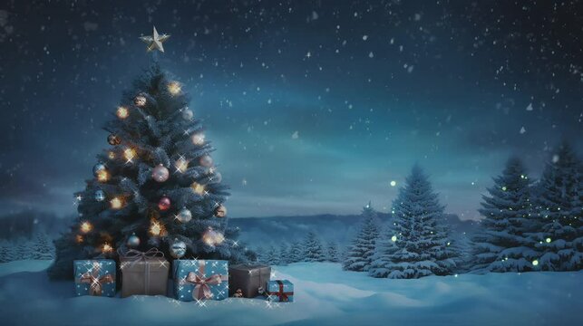 Christmas winter background with decorated pine tree and christmas gifts in the snowy landscape, looping video animation