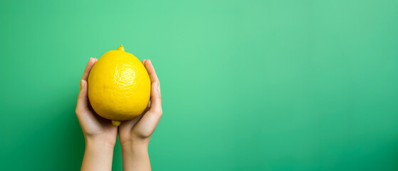 Manos de mujer sujetando un limón gigante en fondo verde. - obrazy, fototapety, plakaty