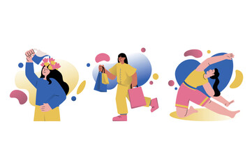 Set concept Mental health with people scene in the flat cartoon style. Girls take care of themselves, go shopping, do sports, so they need to maintain their psychological state. Vector illustration.