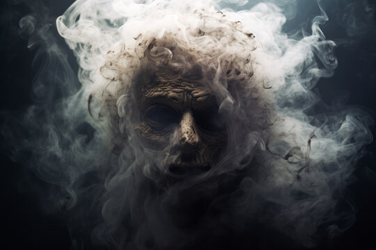 Criatura monstruo momia apareciendo entre el humo.
