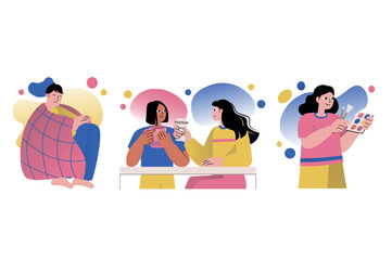 Set concept Mental health with people scene in the flat style. People spend time alone and with friends, so this is how they maintain their mental balance within the norm. Vector illustration.