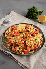 Homemade Cooked Garlic Shrimp Scampi on a Plate, side view.