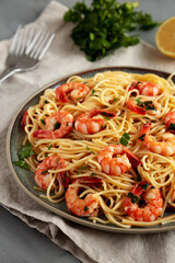 Homemade Cooked Garlic Shrimp Scampi on a Plate, side view.
