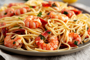 Homemade Cooked Garlic Shrimp Scampi on a Plate, side view. Close-up.