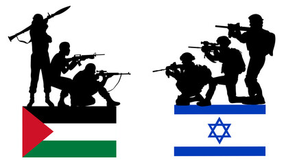 Israeli military against Palestinian military. Silhouettes of military men in different poses