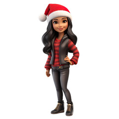 3d Christmas character latin woman in christmas clothing  isolated on white transparent background 