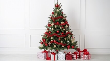Fototapeta na wymiar Festive Full-Body Christmas Tree with Red Decorations and Gifts, Copy Space on White Background