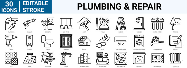 set of 30 line web icons plumbing, heating, ventilation, construction, renovation. Editable stroke. Vector illustration