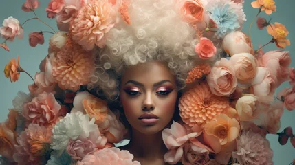 The concept of hair care with means that improve their condition. Women's hair is like delicate and fragrant flowers © Hryhor Denys