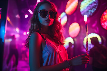 Rave girl with a lollipop on a rave party at night looking at the camera.
fun rave girl. woman partying