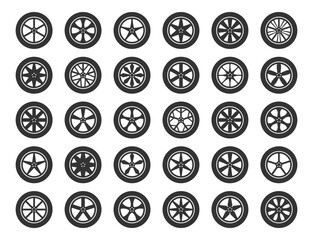 Set tires and wheels. Disc wheel car icon vector.