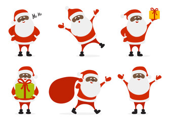 Cartoon African American black Santa Claus collection. Christmas vector illustration.