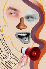 Creative template graphics collage image of funny face elements guy screaming bullhorn isolated colorful background