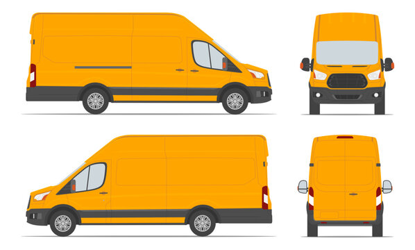 Yellow cargo van for delivery goods in differents view side