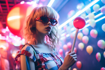 Rave girl with a lollipop on a rave party at night looking at the camera.
fun rave girl. woman partying - obrazy, fototapety, plakaty