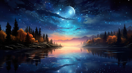 beautiful landscape artwork with moon and stars, impressionist style - obrazy, fototapety, plakaty