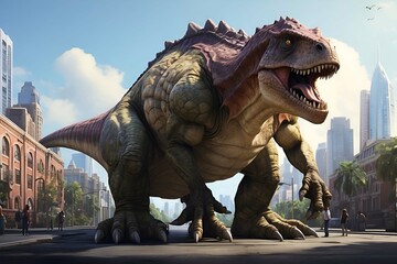 a big rex dinosaur in a city background 