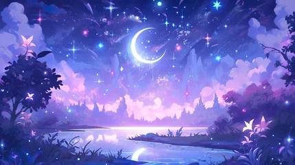 Tuinposter an anime manga artwork of a landscape with shooting stars and a moon, gift card style © Sternfahrer