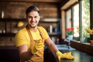 Smiling Young Man is Cleaning House with Gloves