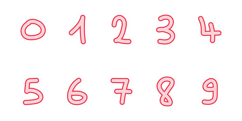 Cartoon set with different numbers 0 to 9. Zero, one, two, three, four, five, six, seven, eight, nine and ten numbers. Mathematics doodle hand writing  concept.