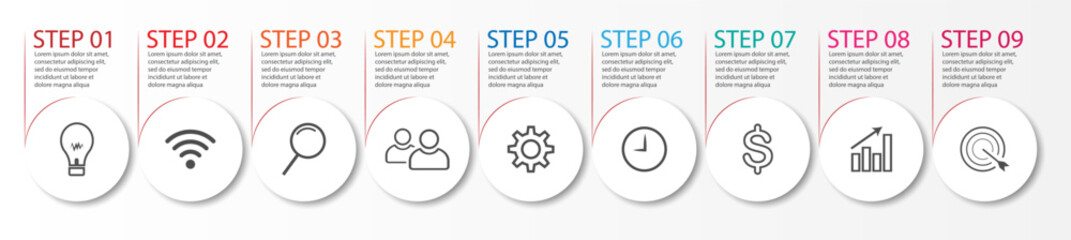 9 step infographic, simple infographic business design with circle shapes and colored lines with symbols. suitable for your business presentation