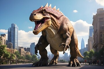 Naklejka premium A big rex dinosaur in a city illustrations AI Generated