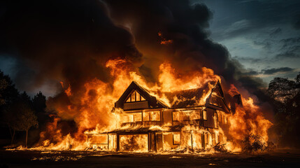 A single-family home is on fire at night. Disaster scenario - obrazy, fototapety, plakaty