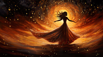 Fototapeta na wymiar golden inspired dancing woman in the night, sky full of stars