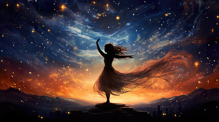 attractive dancing woman in the night, sky with stars - obrazy, fototapety, plakaty