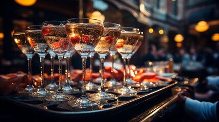 Luxurious Champagne Celebration - Multiple Glasses at Lavish Party Setting. Generative AI. - obrazy, fototapety, plakaty