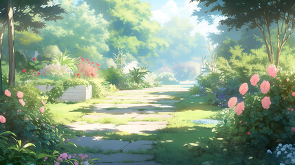 an anime illustration of a elegance majestic garden scenery