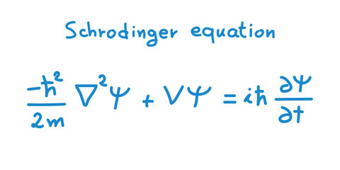 Schrödinger equation. Linear partial differential equation. Scientific resources for teachers and students. Physics doodle handwriting concept.