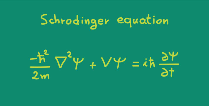 Schr&ouml;dinger equation. Linear partial differential equation. Scientific resources for teachers and students. Physics doodle handwriting concept.