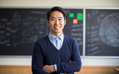 Fototapeta premium Portrait of young adult male teacher inside a classroom feeling proud and confidence.