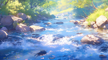 a flowing river with stones, fast water scenery in anime manga artwork