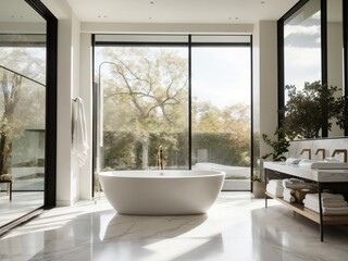 Fototapeta na wymiar Sleek Modern Bathroom Design with Freestanding Bathtub and Frameless Glass Shower Enclosure