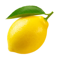 Lemon isolated. Fresh lemon with green leaf on transparent background.