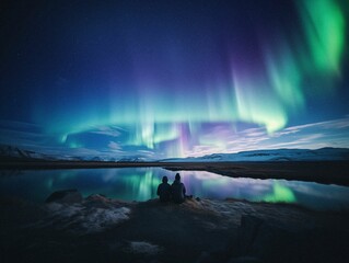 two people watching the aurora borers across a lake in iceland - obrazy, fototapety, plakaty