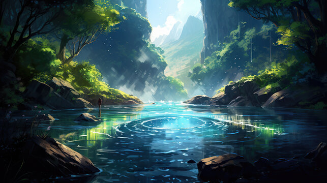 a magical beautiful lake river scenery in a forest, anime artwork
